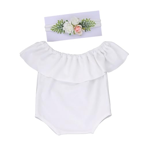 Huamengyuan Body Neugeborenen Fotografie Outfit Sommer Neugeborenes Baby Mädchen Strampler Ärmellos Body Einteiler Prinzessin Bodysuit mit Stirnband Set for Fotostudios Kinder Porträt Weiß von Huamengyuan