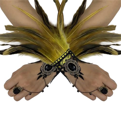 Huamengyuan Federarmbänder und Feder Handgelenkband mit Fingerkette Retro Federarmband-Accessoire für Bühnenauftritte, Cosplay und Partys, Beige Feder Handgelenksschmuck für kreative Kostüme von Huamengyuan