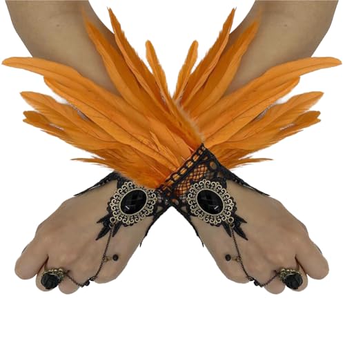 Huamengyuan Federarmbänder und Feder Handgelenkband mit Fingerkette Retro Federarmband-Accessoire für Bühnenauftritte, Cosplay und Partys, Beige Feder Handgelenksschmuck für kreative Kostüme von Huamengyuan