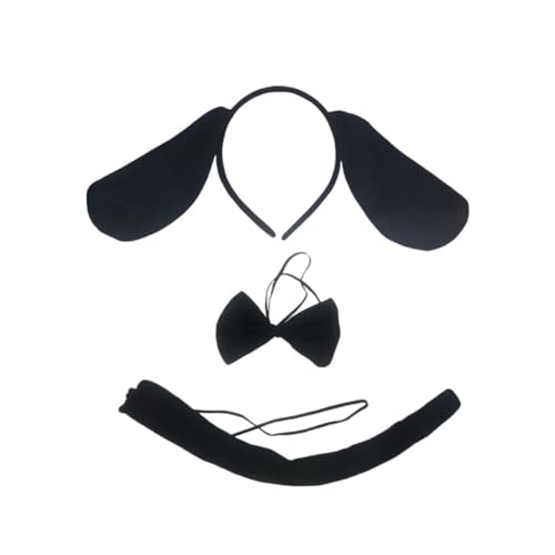 Huamengyuan Hundeohr-Stirnband-Set Fliege Hundeohren Kopf-Accessoire Flecken Hundeschwanz Tierhaarreif Hundeohren Haarband für Halloween Cosplay Kostüm Damen Kinder Schwarz von Huamengyuan