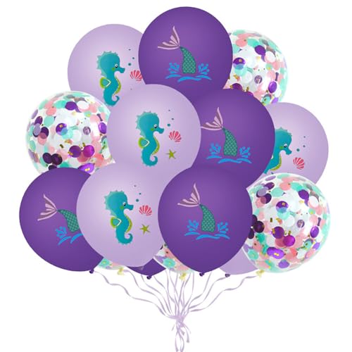 Huamengyuan Party-Deko Luftballons Geburtstag Happy Birthday Ballon Luftballons Meerjungfrau Seepferdchen Meer Ballons aus violettem Latex 15 teiliges Konfetti Set für Geburtstagspartys Typ 1 von Huamengyuan