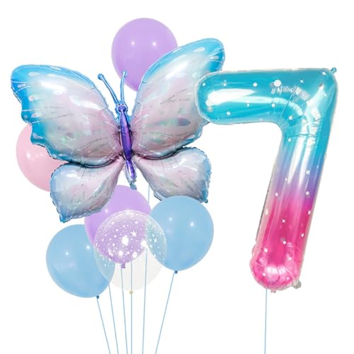 Huamengyuan Party-Deko Luftballons Geburtstag Happy Birthday Ballon Schmetterling Geburtstag Party Set 40-Zoll-Ballon-Set aus Aluminiumfolie mit Farbverlauf für Dekoration der Kinder mit der Nummer 7 von Huamengyuan