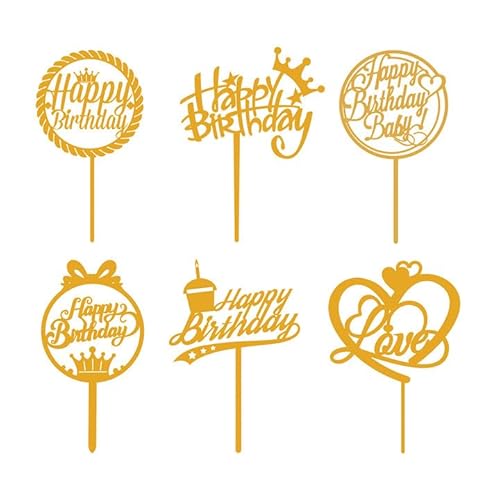 Huamengyuan schilder flaggen 6er-Set Goldenes Happy Birthday Tortendeko Set Acryl Glitter Cupcake Topper Girlande Herze Sternen Cake Topper Kuchen Deko für Mädchen Kinder Hochzeit Mutter von Huamengyuan