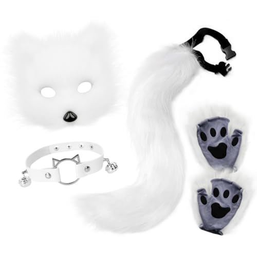 Katze Fuchs Cosplay, Kunstpelz Fuchs Maske, Schwanz & Leder Halskette Set, Fuchs Kostüm Damen, Furry Mask Halloween Katzen Masken Set für Halloween Karneval Party Cosplay A001 von Huamengyuan