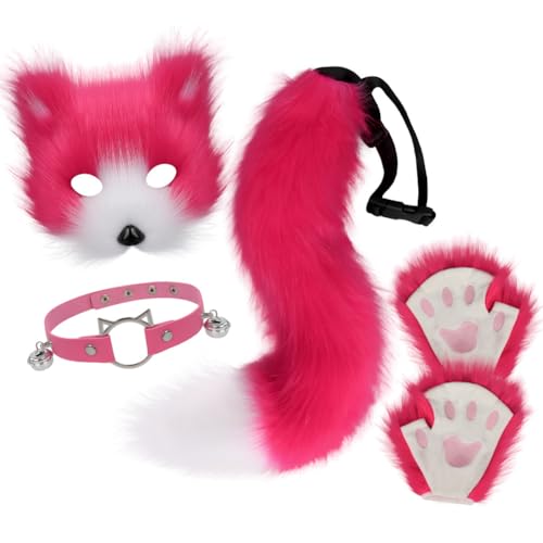 Katze Fuchs Cosplay, Kunstpelz Fuchs Maske, Schwanz & Leder Halskette Set, Fuchs Kostüm Damen, Furry Mask Halloween Katzen Masken Set für Halloween Karneval Party Cosplay A001 von Huamengyuan