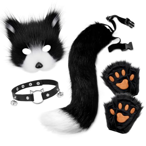 Katze Fuchs Cosplay, Kunstpelz Fuchs Maske, Schwanz & Leder Halskette Set, Fuchs Kostüm Damen, Furry Mask Halloween Katzen Masken Set für Halloween Karneval Party Cosplay A001 von Huamengyuan