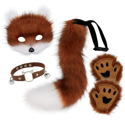 Katze Fuchs Cosplay, Kunstpelz Fuchs Maske, Schwanz & Leder Halskette Set, Fuchs Kostüm Damen, Furry Mask Halloween Katzen Masken Set für Halloween Karneval Party Cosplay A001 von Huamengyuan