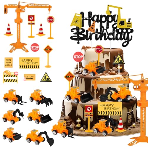 Huangzd 19 Stück Bagger Tortendeko mit Baufahrzeug, Kuchen Deko Baustelle Junge, Baufahrzeug Cake Toppers Kindergeburtstag, Happy Birthday Topper für Kinder Geburtstag Party Kuchen Dekoration (A) von Huangzd