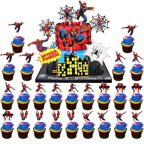 Deko Kuchen Geburtstag, Spider-ma-n Cupcake Topper 33 Stück Spider-ma-n Tortendeko für Kinder, Spider-ma-n Kuchen Deko Party Kuchen Dekoration Supplies, Cupcake Geburtstag Party von Huanmin