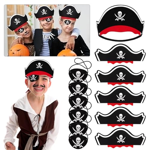 Huanmin Piratenhut für Kinder, 6 Stück Piratenhut Kinder 6 Stück Augenklappe Pirat Kinder, Halloween Piraten Augenklappe Kinder, Piraten Hut Accessoires für Piraten Geburtstag Halloween Karneval von Huanmin