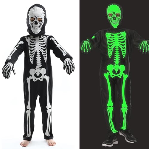 Huanmin Kinder Skelett Kostüm, Halloween Skelett Kostüm kinder, Party Skelett-Kostüm für Kinder, Kostüm Neon Skelett Jumpsuit, Halloween Kostüm für Verkleidung Karneval Mottoparty (M) von Huanmin