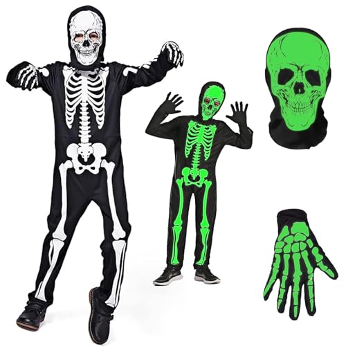 Halloween Skelett Kostüm Kinder, Glow in the Dark Skelett Kostüm, 110-120 cm Kostüm Skelett Kinder, Skelett Handschuhe Leuchtend, Horror Halloween Skelett Kostüme für Jungen, für 5-6 Jahre alt von Huanmin