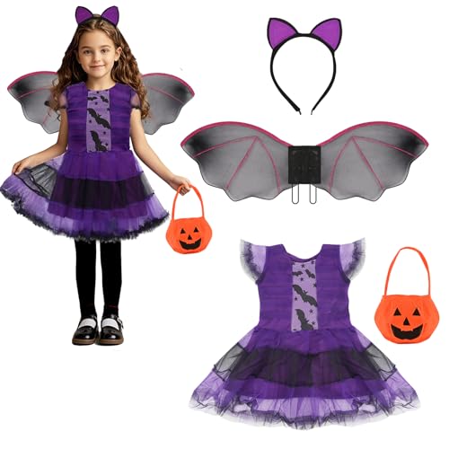 Huanuoda Fledermaus Halloween Kostüm, Hexe Kostüm for Kinder Mädchen mit Fledermaus Flügel,Karnevals Halloween Party Kostüm,Tutu Kleid Set (110cm（3-4 Jahre）) von Huanuoda