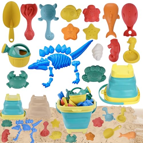 Huanuoda Sandspielzeug für Kinder,Strandspielzeug Set, 25PCS Dinosaurier Strandspielzeug Set mit silikon Sandeimer, Reise Sandspielzeug Sandformen,Sandkasten Spielzeug,Strandspielzeug für Kleinkinder von Huanuoda