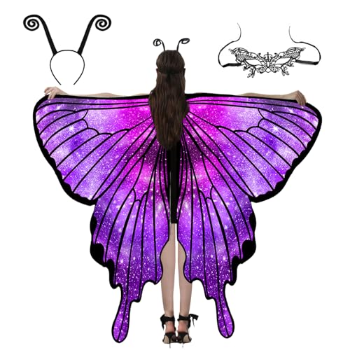 Schmetterling Kostüm Damen,Karneval Kostüm,Schmetterling Umhang,halloween kostüm damen,Fasching Kostüm Mit Maske Stirnband,Fee Kostüm für Cosplay Karneval Halloween Weihnachte (Sternenhimmel Violett) von Huanuoda