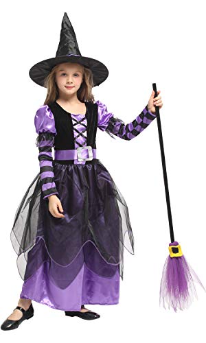 Huarsion Hexenkostüm Mädchen Hexen Kostüm Halloween Hexenkleid Langarm Hexen Halloween Kostüm für Mädchen Karneval Fasching Halloween Party Cosplay Kostüm von Huarsion