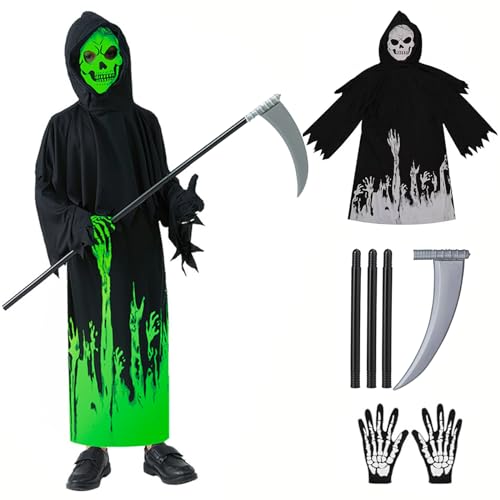 Huarsion Sensenmann Kostüm Kinder Halloween Kostüm Sensenmann Glow in The Dark Kinderkostüm Sensenmann Halloween Kostüm für Kinder Jungen von Huarsion