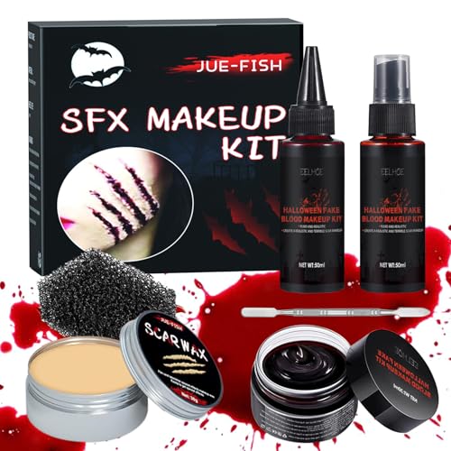 Kunstblut Halloween Schminke Set, Halloween Blut Fake Blood 50ml Blutspray + 50ml Tropfendes Blut + 30g Blutcreme + 30g Narbenwachs Vampir Zombie Wunden Wundschorf Narben Schminke Halloween Make Up von Huarsion