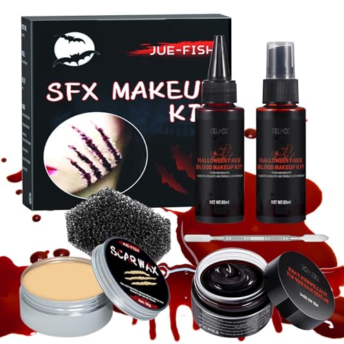 Kunstblut Halloween Schminke Set, Halloween Blut Fake Blood 50ml Blutspray + 50ml Tropfendes Blut + 30g Blutcreme + 30g Narbenwachs Vampir Zombie Wunden Wundschorf Narben Schminke Halloween Make Up von Huarsion