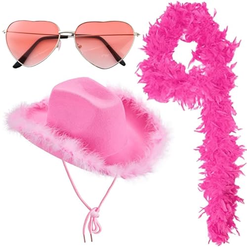 Huasean Rosa Cowgirl-Hut, Western-Kostüm, Cowboy-Hut-Set, Cowboy-Hut, Damen-Western-Cowgirl-Hut mit Feder-Bandana und Herz-Sonnenbrille für Junggesellenabschied, Geburtstag, Geburtstag von Huasean