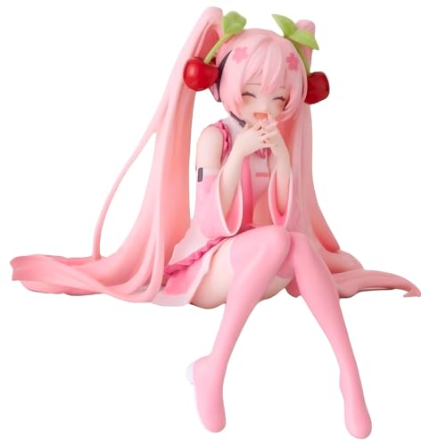 Huawealthy Cherry Miku Anime-Figur, rosa Doppel-Pferdeschwanz-Design, 11 cm, sitzende Haltung, Anime-Figur, Statue für Schreibtisch und Raumdekoration und Sammlung (geschlossene Augen) von Huawealthy