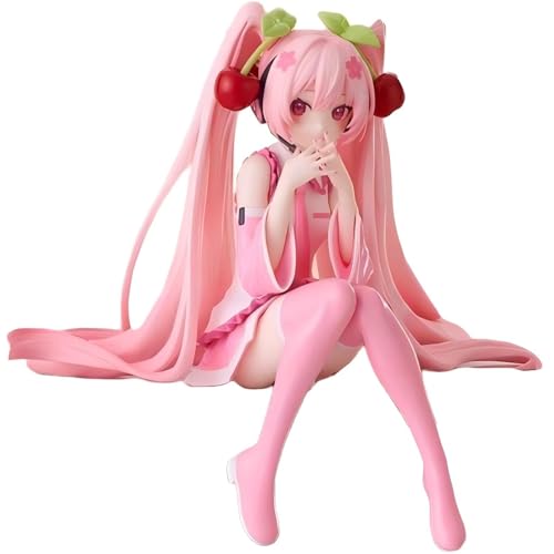 Huawealthy Cherry Miku Anime-Figur, rosa Doppel-Pferdeschwanz-Design, 11 cm, sitzende Haltung, Anime-Figur, Statue für Schreibtisch und Raumdekoration und Sammlung (offene Augen) von Huawealthy