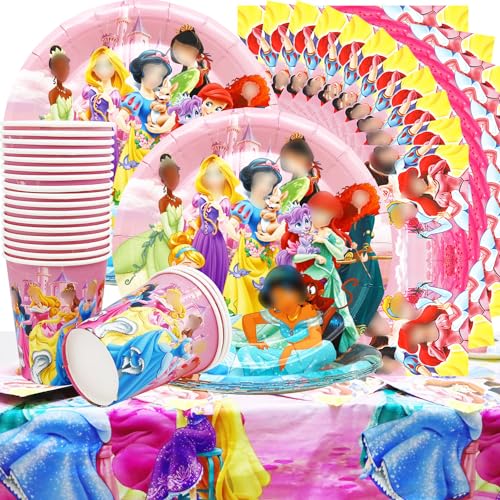 Prinzessin Partygeschirr Set - Partyzubehör für Mädchen Geburtstag Personen Princess Birthday Party Tableware Dient für 20 Gäste Teller 7in, Becher 9Oz, Servietten und Tischdecke (A3) von Huaxintoys