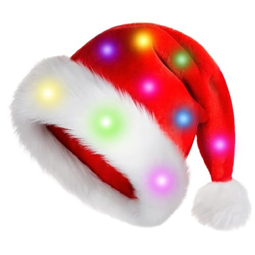 Huayeex Leuchtende Weihnachtsmütze, Weihnachtsmütze Plüsch, Weihnachtsmütze Mit Led Lichtern, Weihnachten Mützen Rote, Partykostüm Für Neujahrs Weihnachtsfeiern, Cosplay Zubehör Für Erwachsene Kinder von Huayeex