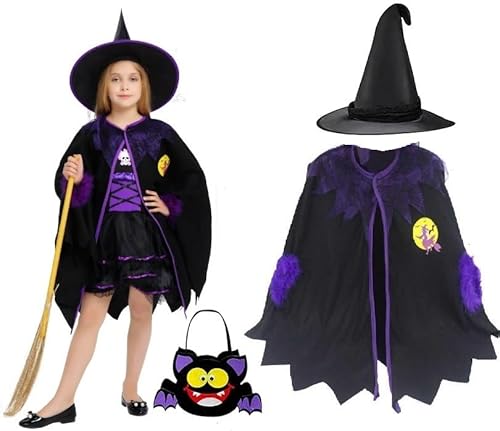 Hubatterik Halloween Kostüm Kinder mädchen Halloween hexenkostüm Umhang hexenumhang zauber hut mit tüten 3D Fledermaus Deko Hexe Kostüm für 3-10 Jahre 100-140cm Kinder von Hubatterik