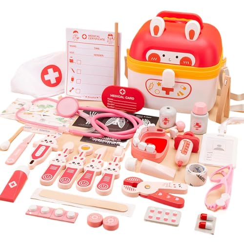 Huehkir Doktorkoffer Kinder Holz Spielset, Echtes Stethoskop, Zahnarzt Spielzeug, Rollenspiel, Perfekt für Kinder (3-6 Jahre), Unisex von Huehkir