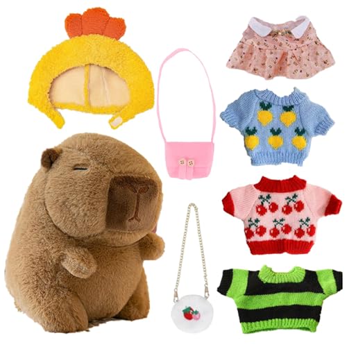 Huehkir Capybara Kuscheltier, Capybara Plüschtier mit 7 Kleidungsstücken und Accessoires, Super Weiche Gefüllte Capybara Stofftier Plüsch Puppe, Niedlichen Wasserschwein Kuscheltier, C von Huehkir