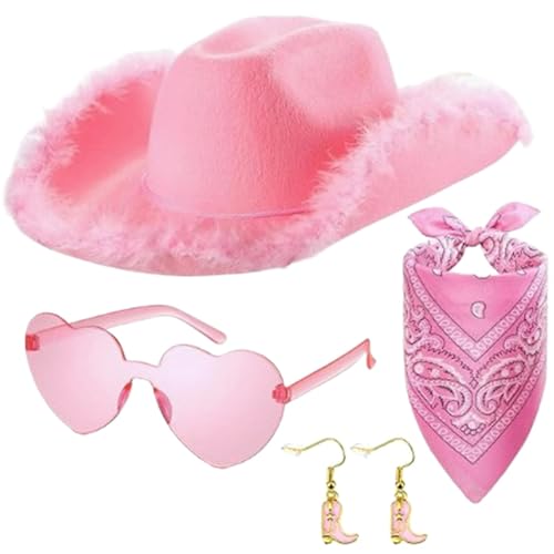 Huehkir Rosa Cowboyhut, Pinker Cowboyhut für Damen, Damen Cowgirlhut Cowboyhüte Flauschige Feder Krempe Hut, Cosplay-Party-Kostüm-Zubehör, Cowgirl Herz Sonnenbrille Bandana Schal Set von Huehkir