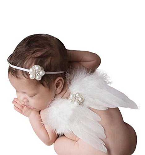 HugeStore Baby Foto Prop Kostüm Engelsflügel Feder Flügel Perle Haarband Satz Fotografie Requisiten Weiß von HugeStore