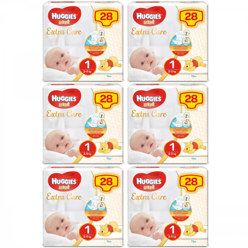 Huggies Extra Care Windelset Mis. 1 2-5 Kg 6 Packungen mit 28 Stück von Huggies