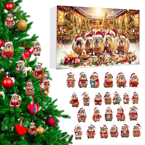 Hugsweet Capybara-Ornament-Adventskalender, 24-Tage-Countdown-Kalender für Kinder und Erwachsene – 2D-Acryl-Weihnachts-Capybara-Sammelornament zum Aufhängen, Weihnachtsbaumschmuck von Hugsweet