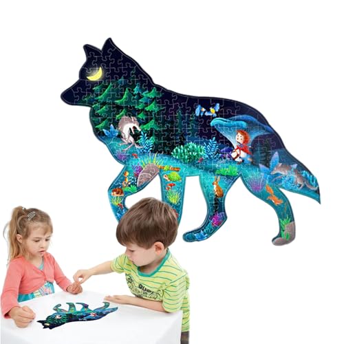 Hugsweet Glowing The Dark Puzzle, Puzzles - Großes Wolf-Puzzle-Set,156 Teile Puzzle für Kinder im Alter von 3–8 Jahren, Kleines Mädchen und der Wolf, Puzzlespielzeug für Jungen und Mädchen von Hugsweet