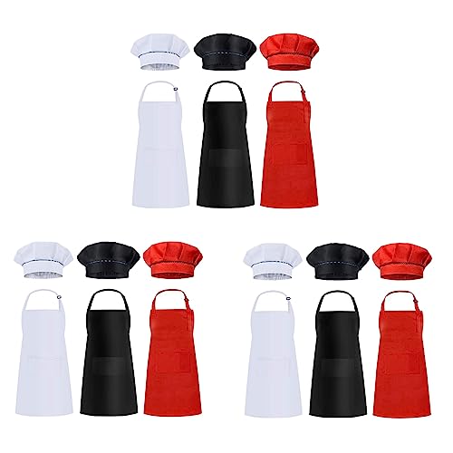 Huhudyy 18 Stück Kinder Schürzen und Hüte Set Kinder Chef Schürzen zum Kochen Backen Malen Schürzen Weiß + Schwarz + Rot von Huhudyy