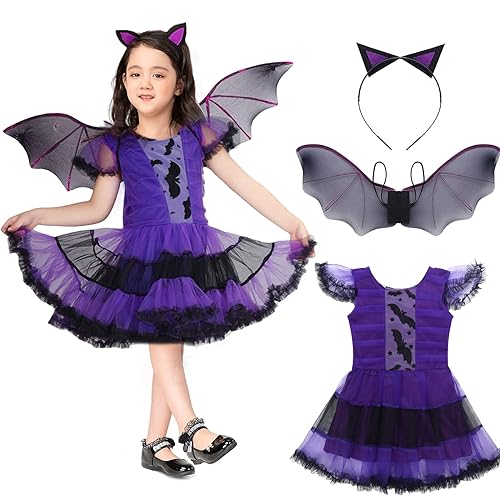 Huifengjie Fledermaus Kostüm Kinder Mädchen Halloween Kostüm Kinder Halloween kostüm Mädchen Fledermaus Kostüm Set mit Flügel und Haarreif Halloweenkostüm für Halloween Karneval Cosplay Party von Huifengjie