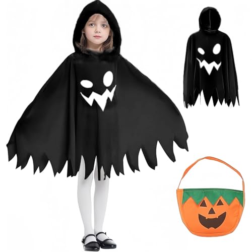 Huifengjie Gespenst Kostüm Kinder, Halloween Geister Kostüm Kinder, Halloween Kostüm Geist Kinder mit Kürbis Tasche, Gespenster kostüm für Halloween Karneval Fasching- Schwarz(7–12Jahre) von Huifengjie