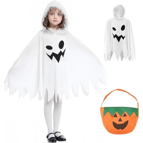 Huifengjie Gespenst Kostüm Kinder, Halloween Geister Kostüm Kinder, Halloween Kostüm Geist Kinder mit Kürbis Tasche, Gespenster kostüm für Halloween Karneval Fasching- Weiß(7–12Jahre) von Huifengjie