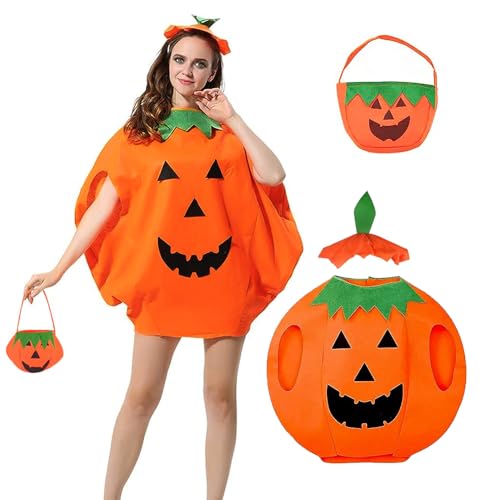 Huifengjie Kürbis Kostüm Damen, Halloween Kostüm Damen Kürbis, Halloween Kostüm Kürbis Anzug mit Kürbiskorb und Hut, Halloween Kürbis Kostüm für Damen Herren Erwachsene von Huifengjie