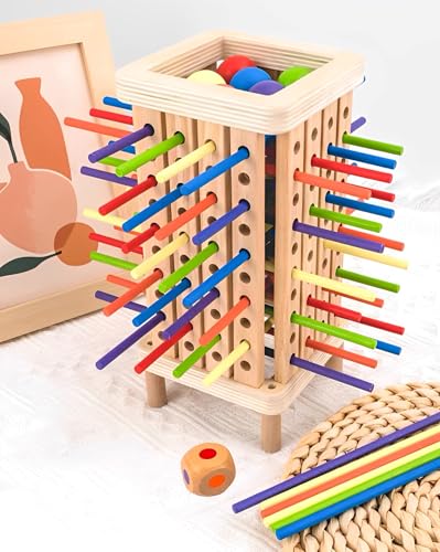 Montessori Spiel Brettspiel aus Holz, Farblernturm Holzspielzeug Lernspielzeug, Holzspielzeug pädagogisch wertvoll, 42 Bunte Holzstäbchen Spiele Würfelspiel Mathe & Feinmotorik Spielzeug von Huifengjie