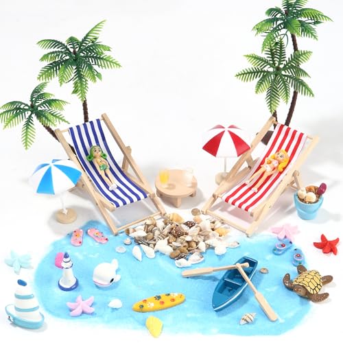 35 Stück Strand Deko Miniatur Set,Strand-Mikrolandschaft,Miniatur-Ornament-Set für DIY,Miniliegestuhl Strandkorb Sonnenschirm Kleine Palme Deko Sommerliche Garten-Deko,für DIY Garten Dekoration von Huifoo