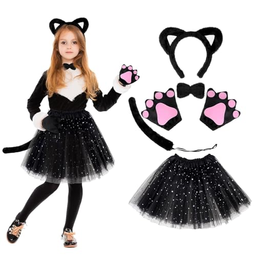 Huiguli Katzenkostüm Kinder, Schwarz Katze Cosplay Set, 6 Stück Tüllrock Katzenohren Haarreif Katzenschwanz Handschuhe Krette, Party Katzen Kostüm Set für Halloween Fasching Karneval von Huiguli