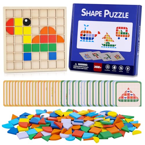 Huiguli Montessori Spielzeug Puzzle, Geometrische Formen Holzpuzzles mit 139 geometrischen Formen, 20 Designkarten, Holz Mosaik Puzzle für Kleinkinder 3+ Jahren, Tangram Montessori Bausteine von Huiguli