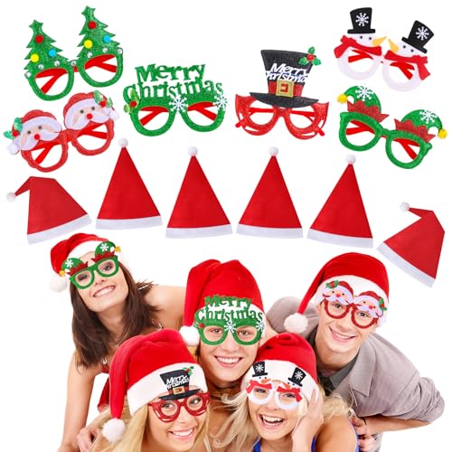 Huiguli Weihnachten Dekoration, 6 Stück Weihnachtsbrillen & 6 Stück Weihnachtsmütze, Lustige Weihnachtsfeier Brille, Weich Nikolausmütze Unisex, Weihnachten Geschenke für Kinder Freunde Familien von Huiguli