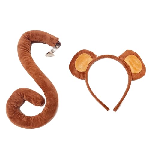 Huitrcrio Stirnband und Schwanz mit Affenohren,Stirnband mit Affenohren für Kinder, Performance-Haarreifen, Affen-Kostüm-Stirnband-Set, Partys mit Tiermotiven, Schwanz-Set für Cosplay von Huitrcrio