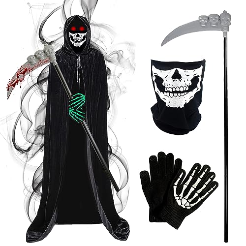 Hukermoon Kostüm Sensenmann Halloween Kostüm Set, Grim Reaper Kostüm Halloween Sense Handschuhe Schädelmaske, Sensenmann Umhang Schwarz mit Kapuze für Kinder Halloween Party Dekoration Cosplay von Hukermoon