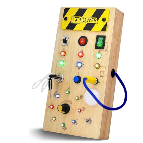 Hukermoon Montessori Busy Board Spielzeug, Activity Board Montessori Holzspielzeug mit 8 Schalter 15 LED Light, Sensorisches Lernspielzeug, Motorikspielzeug für Babys und Kleinkinder ab 1 2 3 4 Jahre von Hukermoon