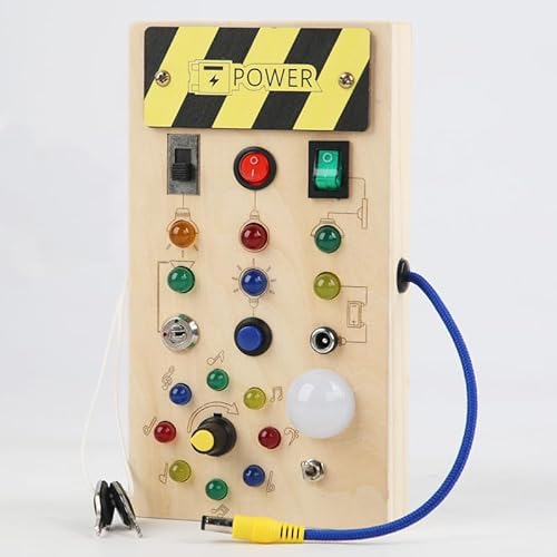 Hukermoon Montessori Busy Board Spielzeug, Activity Board Montessori Holzspielzeug mit 8 Schalter 15 LED Light, Sensorisches Lernspielzeug, Motorikspielzeug für Babys und Kleinkinder ab 1 2 3 4 Jahre von Hukermoon